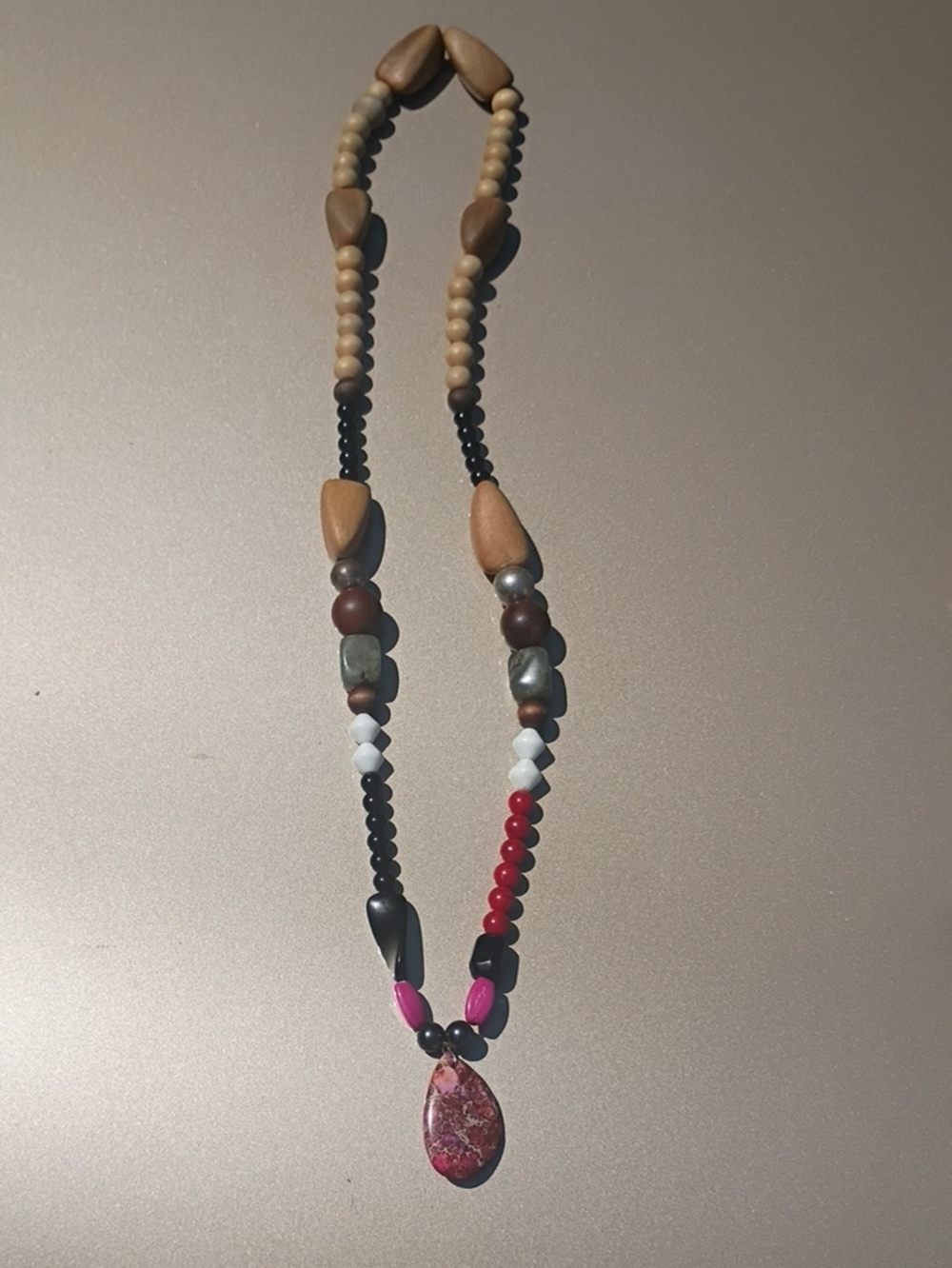 Handmade Multicolor Beaded Necklace with Pink Red Pendant